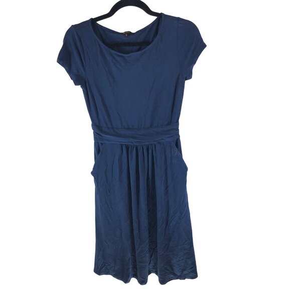 Quince Womens Tencel Jersey Ruched Waist Dress Short Sleeve Pockets Navy Blue S - Picture 1 of 6